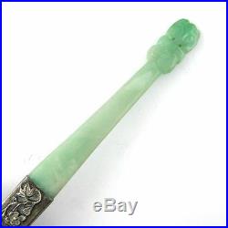 Antique Chinese Export Carved Green Jade & Silver Tea Strainer Spoon with Box NICE