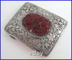 Antique Chinese Export China Silver Carved Carnelian Small Trinket Box Chased