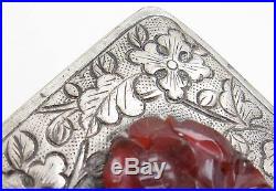 Antique Chinese Export China Silver Carved Carnelian Small Trinket Box Chased