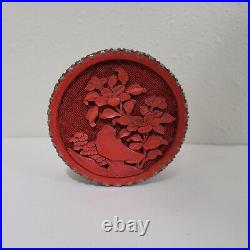 Antique Chinese Export Cinnabar Round Trinket Box Floral Design 2.5 Silver Wash