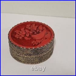 Antique Chinese Export Cinnabar Round Trinket Box Floral Design 2.5 Silver Wash