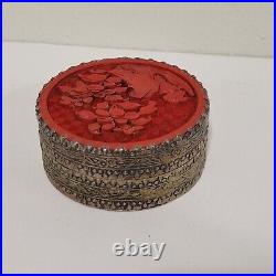 Antique Chinese Export Cinnabar Round Trinket Box Floral Design 2.5 Silver Wash