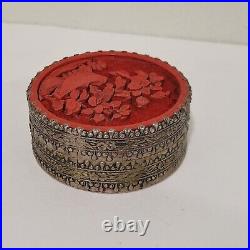 Antique Chinese Export Cinnabar Round Trinket Box Floral Design 2.5 Silver Wash