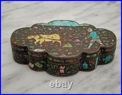 Antique Chinese Export Cloisonne Enamel Silvered Copper Opium Box Ox & Symbols