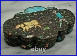 Antique Chinese Export Cloisonne Enamel Silvered Copper Opium Box Ox & Symbols