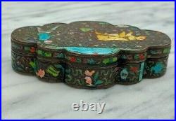 Antique Chinese Export Cloisonne Enamel Silvered Copper Opium Box Ox & Symbols