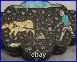 Antique Chinese Export Cloisonne Enamel Silvered Copper Opium Box Ox & Symbols