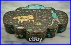 Antique Chinese Export Cloisonne Enamel Silvered Copper Opium Box Ox & Symbols