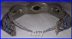 Antique Chinese Export Filigree Silver & Enamel Cabochon Jade Bracelet Orig Box