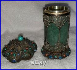 Antique Chinese Export Filigree Silver, Jade, Coral, Turquoise & Enamel Box