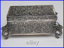 Antique Chinese Export Footed Silver Dragon Box Wang Ming Signed