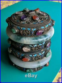 Antique Chinese Export Jade Multi Stone Silver Filigree Enamel Tea Caddy Box