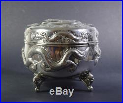 Antique Chinese Export Silver Box Canton Qing Dynasty China Dragon 15 CM 605 Gr