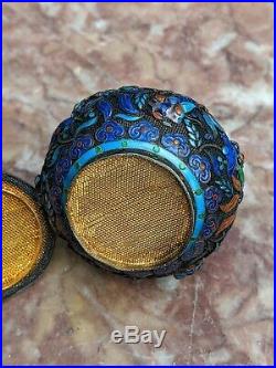 Antique Chinese Export Silver Box Filigree Enamel Cricket Cage Gold Wash Qing