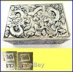 Antique Chinese Export Silver Box Humidor Wang Hing Dragons Bamboo (5572)