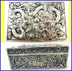 Antique Chinese Export Silver Box Humidor Wang Hing Dragons Bamboo (5572)