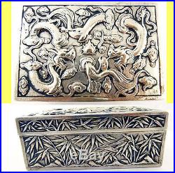 Antique Chinese Export Silver Box Humidor Wang Hing Dragons Bamboo (#5572)