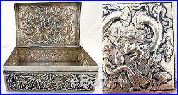 Antique Chinese Export Silver Box Humidor Wang Hing Dragons Bamboo (#5572)