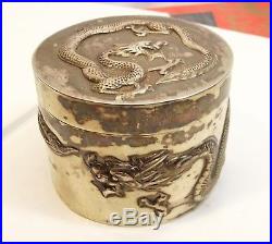Antique Chinese Export Silver Box Raised Dragon Embossed Jar Signed Chicheong