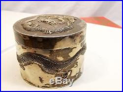 Antique Chinese Export Silver Box Raised Dragon Embossed Jar Signed Chicheong