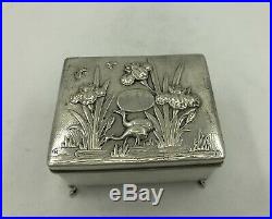 Antique Chinese Export Silver Box with Crane & Iris by WangHing