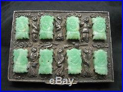 Antique Chinese Export Silver Cigarette Case set with Apple Green Jade Buttons