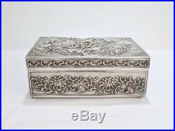 Antique Chinese Export Silver Covered Box With Repousse Water Lily Flowers SL
