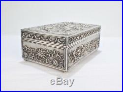 Antique Chinese Export Silver Covered Box With Repousse Water Lily Flowers SL