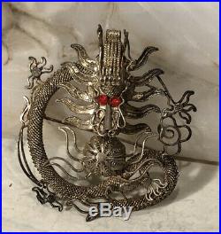 Antique Chinese Export Silver Dragon Pin in Presentation Box