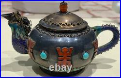 Antique Chinese Export Silver Enamel Barrel Teapot