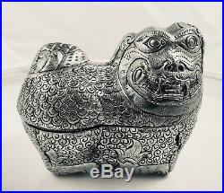 Antique Chinese Export Silver Fu Foo Dog Trinket Box Figurine