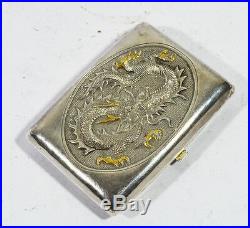 Antique Chinese Export Silver Gigarette Case Box Card Inlaid Gold Dragon