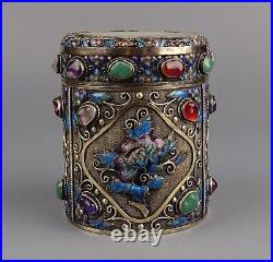 Antique Chinese Export Silver Gilt Enamel, Jeweled Gems, Jade Lid, Tea Caddy Box