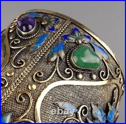 Antique Chinese Export Silver Gilt Enamel, Jeweled Gems, Jade Lid, Tea Caddy Box