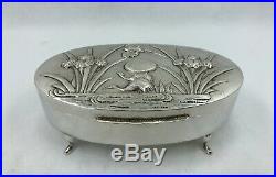 Antique Chinese Export Silver Oval Box with Crane & Iris by WangHing