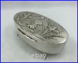 Antique Chinese Export Silver Oval Box with Crane & Japanese Iris by WangHing