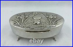 Antique Chinese Export Silver Oval Box with Crane & Japanese Iris by WangHing