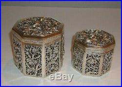 Antique Chinese Export Silver Pierced Repousse Trinket Boxes with Flowers & Birds