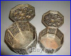 Antique Chinese Export Silver Pierced Repousse Trinket Boxes with Flowers & Birds