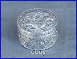 Antique Chinese Export Silver Round Covered Box with Dragon signed