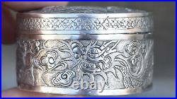 Antique Chinese Export Silver Round Covered Box with Dragon signed