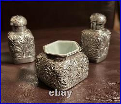 Antique Chinese Export Silver Salt Dish And Pepper Shakers Bamboo Signed
