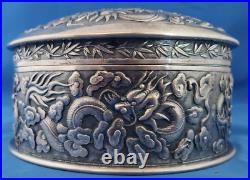 Antique Chinese Export Solid Silver Round Box With Dragons 400g 6 inch Diameter