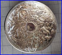 Antique Chinese Export Solid Silver Round Box With Dragons 400g 6 inch Diameter