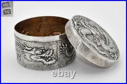 Antique Chinese Export Solid Silver Round Box With Dragons, Wang Hing
