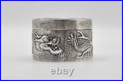 Antique Chinese Export Solid Silver Round Box With Dragons, Wang Hing