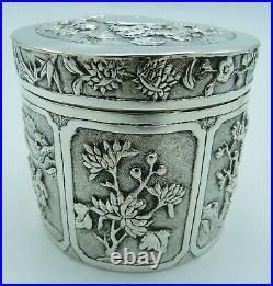 Antique Chinese Export Solid Silver String Box Dragons Bamboo Birds Blossom