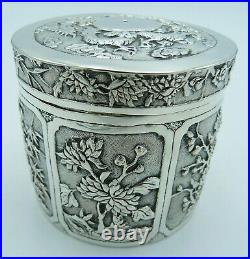Antique Chinese Export Solid Silver String Box Dragons Bamboo Birds Blossom