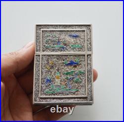 Antique Chinese Export Sterling Enamel Silver Card Case Box