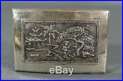 Antique Chinese Export Sterling Silver Box Curved Cigarette Case Relief Pagoda